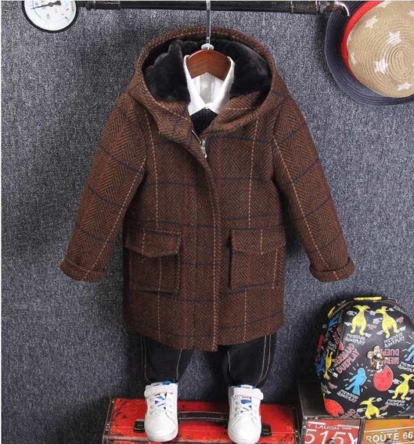 Manteau long en laine à capuche style tartan pour garçon