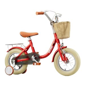 Vélo garçon Bobbin Gingersnap 16'' (4 à 6 ans) de couleur rouge avec des petites roues et un panier en osier.