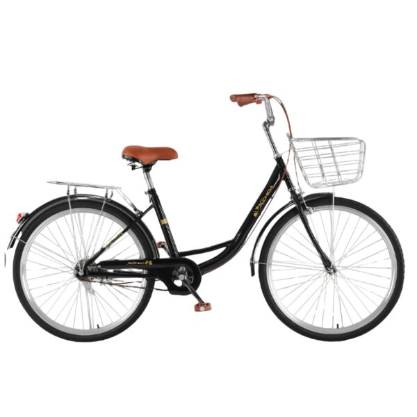 Vélo garçon Bobbin Gingersnap 24" (7 à 11 ans) de couleur noire avec un panier en métal devant.