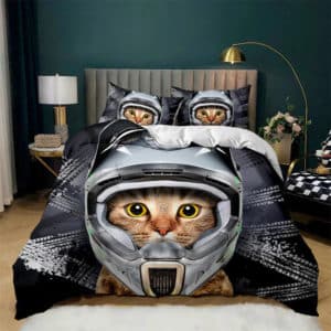 Housse de couette pour enfant motif chat avec casque moto