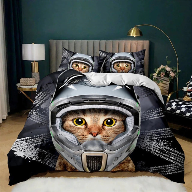 Housse de couette pour enfant motif chat avec casque moto