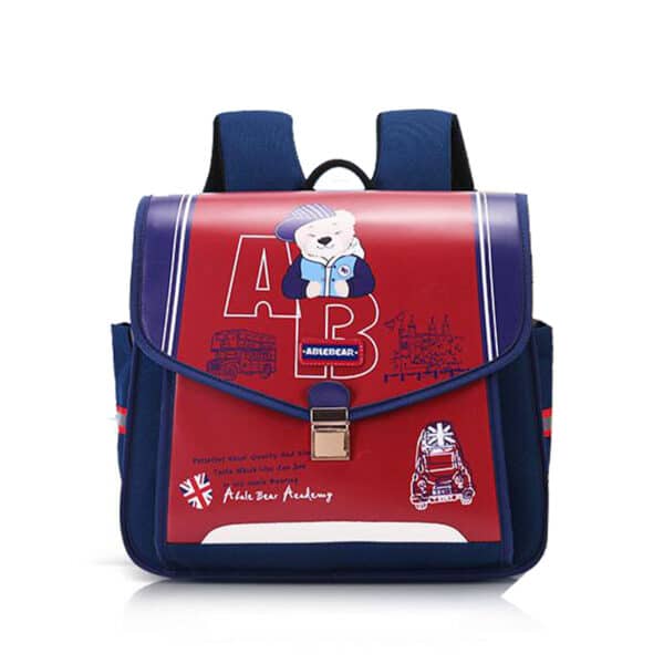 Cartable garçon ce1 rouge avec motif ourson british présenté sur fond blanc