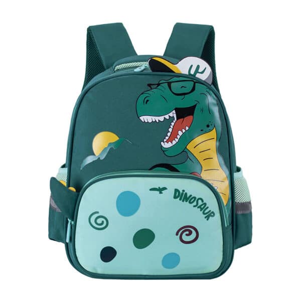 Sac à dos garçon motif dino vert, présenté sur fond blanc