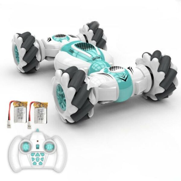 Voiture télécommandée pour enfant cascades, présenté sur fond blanc avec sa manette