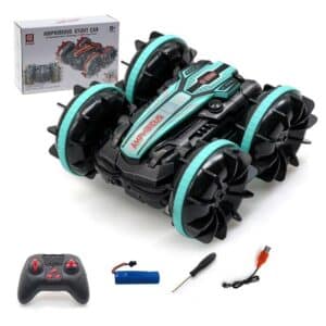 Voiture télécommandée amphibie pour enfant , présentée avec sa manette, sur fond blanc