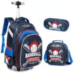 Cartable à roulettes style baseball avec sac à bandoulière et trousse présenté sur fond blanc