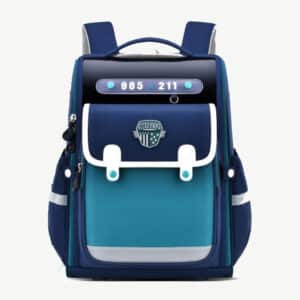 Cartable garçon ce2 bleu style américain présenté sur fond beige