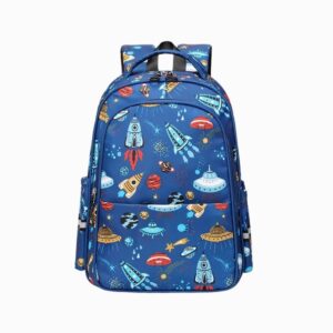Cartable CP imperméable avec motif de fusée de couleur bleu avec plusieurs poches de rangements.