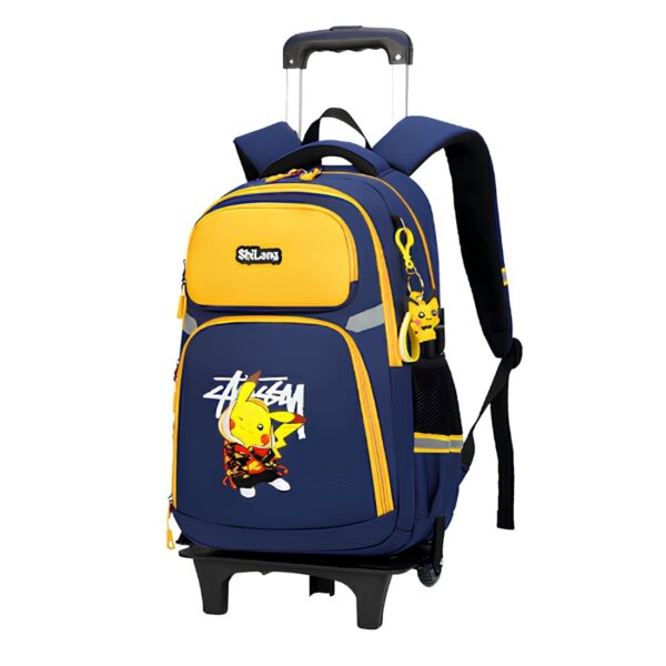 Cartable à roulette Pokémon jaune ou vert. Ce modèle est jaune et bleu avec roulettes et poignée en métal.