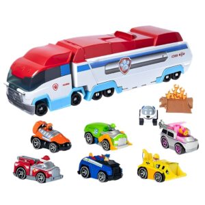 Jouet Pat'Patrouille bus de sauvetage et petites voitures sur fond blanc.