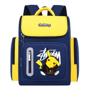 Sac à dos enfant pokemon pikachu jaune et bleu, présenté sur fond blanc