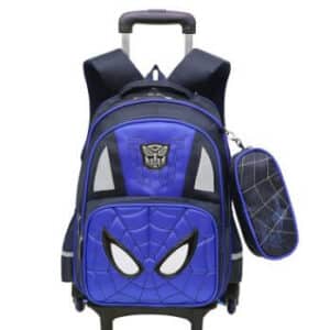 Cartable à roulettes style spiderman bleu présenté sur fond blanc