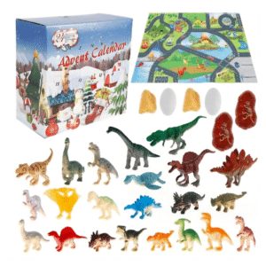 Calendrier de l'Avent Dinosaures avec ses accessoires et toutes les figurines en surprise quotidienne, sur fond blanc.