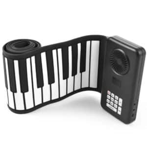 on voit sur un fond clair un clavier piano souple en silicone qui s'enroule sur lui même