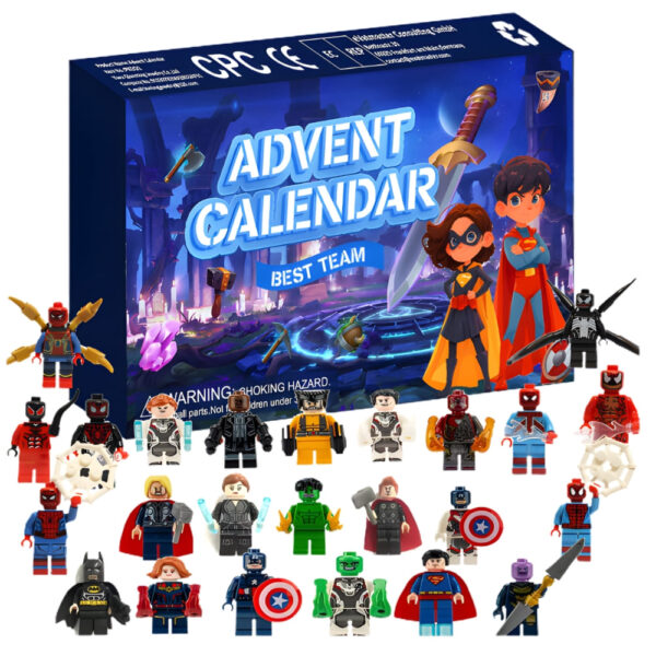 Calendrier de l'Avent figurines Marvel style Lego sur fond blanc