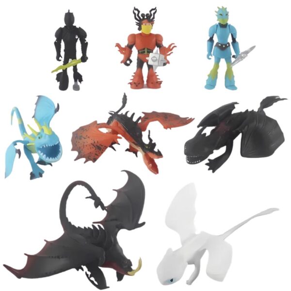 Ensemble de 8 figurines issues du dessin animé Dragons sur fond blanc