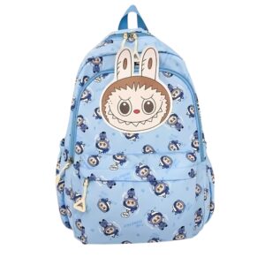 Sac à dos bleu clair décoré de petits monstres rigolos inspirés des monstres labubu