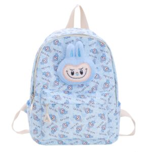 sac à dos bleu clair imprimé de petits personnages Labubu, avec une tête en peluche 3D représentant un monstre labubu
