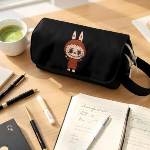 Trousse noir avec rabat posée sur un bureau, avec un monstre labubu marron dessiné sur le devant