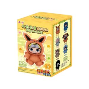 Boîte mystère Naruto style Labubu de couleur jaune avec le personnage Naruto sur le devant dans un costume en peluche orange. Sur fond blanc.