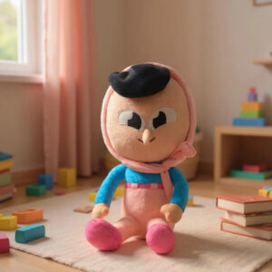 Zari, peluche Duolingo aux bras articulés, posée dans un espace calme, de couleurs beige, vêtue d'un pantalon rose et un pull bleu ciel, sa texture douce et son visage expressif font d'elle un compagnon sensoriel pour les petits.