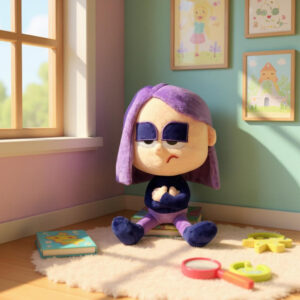 Peluche Lily Duolingo au regard posé et au style minimaliste, assise dans un coin, les bras croisés, l'air blasé, désabusé, son style et sa tenue en font l'amie parfaite pour accompagner en douceur les enfants réservés ou en quête de calme intérieur.