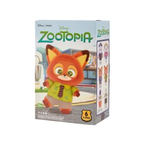 Blind box Zootopia sur fond blanc. Sur la face avant de la boîte, le personnage renard habillé d'une chemise verte et d'une cravate rayée.