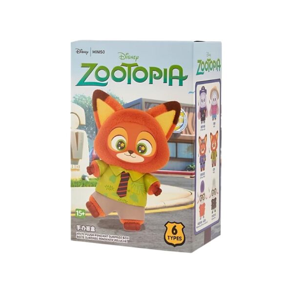 Blind box Zootopia sur fond blanc. Sur la face avant de la boîte, le personnage renard habillé d'une chemise verte et d'une cravate rayée.