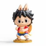 Figurine de Monkey D. Luffy dans One Piece style kawaii inspiré des Labubu sur fond blanc