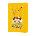 Calendrier de l'Avent figurines Pokemon de couleur jaune avec Sacha et Pikachu. Sur fond blanc.