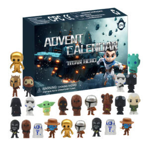 Calendrier de l'Avent figurines Star Wars. Les figurines sont autour de la boite. Sur fond blanc.