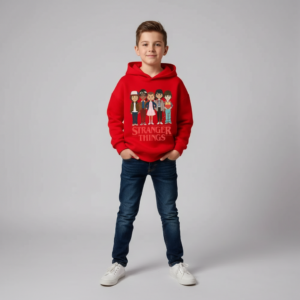 Petit garçon portant un sweat rouge de Stranger Things, sur fond gris