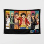 Drapeau One Piece avec tout l'équipage, sur fond gris