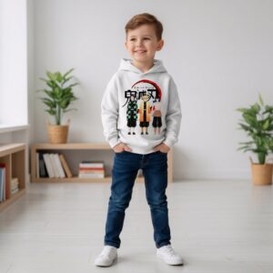 Un petit garçon souriant portant un sweat Demon Slayer Tanjiro Zenitsu et Inosuke de couleur blanche avec un jean bleu, debout dans un salon lumineux et épuré avec des plantes vertes en arrière-plan.