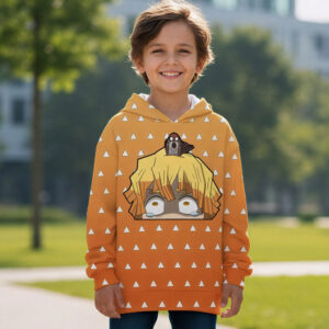 Un petit garçon souriant portant un sweat Demon Slayer Zenitsu jaune à motifs avec des triangles blancs, illustré par le visage du personnage au centre, debout dans un parc ensoleillé avec des arbres et des bâtiments flous en arrière-plan.