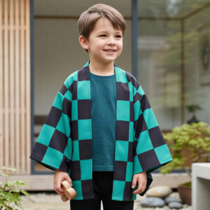 Un petit garçon porte la veste de kimono de Tanjiro Demon Slayer pour enfant à carreaux vert et noir, dans un jardin devant une maison moderne.