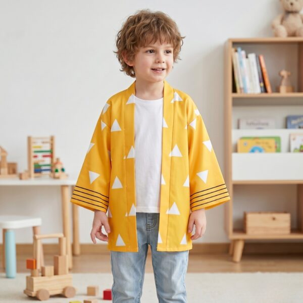 Un petit garçon porte la veste de kimono de Zenitsu Demon Slayer pour enfant jaune à motifs blancs, dans une chambre lumineuse avec des jouets et des étagères en bois.