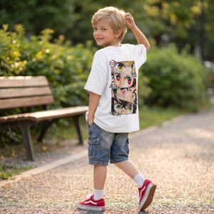 Un jeune garçon porte un t-shirt Demon Slayer avec les 4 protagonistes, avec un grand dessin coloré dans le dos, dans un parc avec un banc et des arbres en arrière-plan.