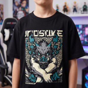 Un jeune garçon souriant portant un T-shirt Demon Slayer Inosuke noir avec un grand motif du personnage.