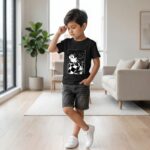 Un jeune garçon portant un t-shirt Demon Slayer Tanjiro imprimé en noir et blanc, dans un salon lumineux avec un canapé et une plante verte en arrière-plan.