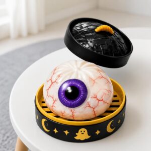 Un jouet garçon anti-stress Halloween en forme d'œil rougi posé dans une boîte noire et jaune, avec un gros œil blanc aux veines rouges et une pupille violette.