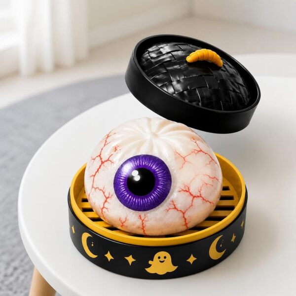 Un jouet garçon anti-stress Halloween en forme d'œil rougi posé dans une boîte noire et jaune, avec un gros œil blanc aux veines rouges et une pupille violette.