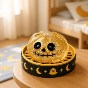 Un jouet garçon anti-stress Halloween tête de squelette dorée, en forme de petite tête brillante posée sur un support noir décoré de lunes et de fantômes, dans une chambre d’enfant.