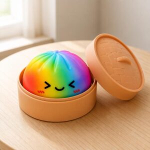 Un jouet Squishy garçon en boulette arc-en-ciel au visage souriant dans une petite boîte ronde, posé sur une table en bois près d’une fenêtre lumineuse.