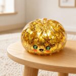 Un Jouet Squishy garçon en boulette vapeur au symbole dollar doré et brillant, posé sur une petite table en bois dans un salon lumineux.