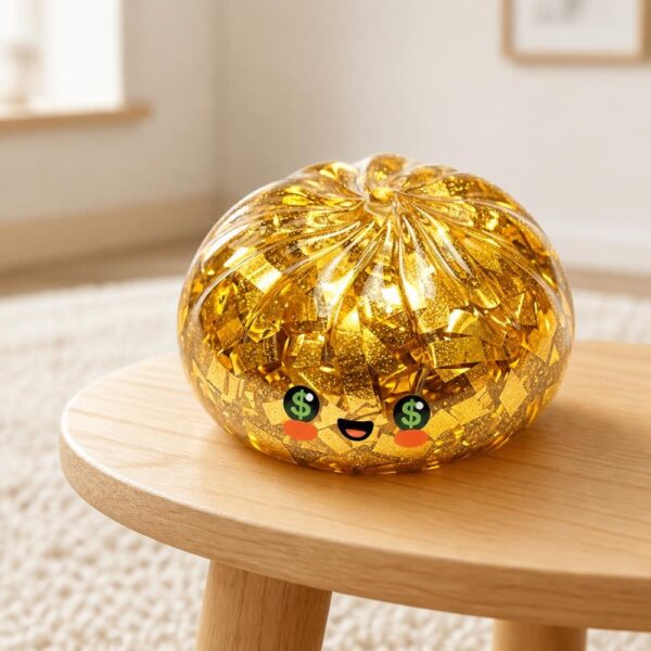 Un Jouet Squishy garçon en boulette vapeur au symbole dollar doré et brillant, posé sur une petite table en bois dans un salon lumineux.