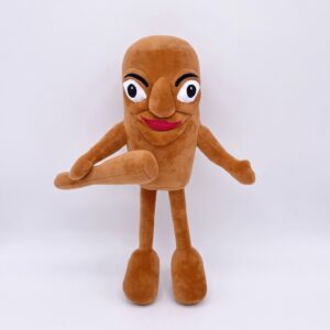 Une peluche porte-clef Italian Brainrot Tralalelo Flex marron, avec de grands yeux, un sourire rose, de longs bras et de longues jambes, présentée debout sur un fond blanc.