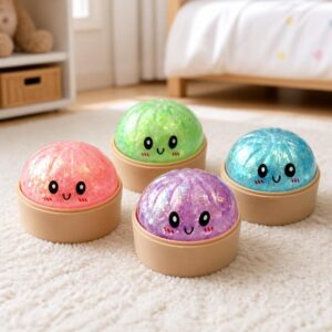 Un lot de 4 squishy garçon anti-stress lot de 4 boulettes vapeur souriantes, en rose, vert, bleu et violet, posé sur un tapis dans une chambre.