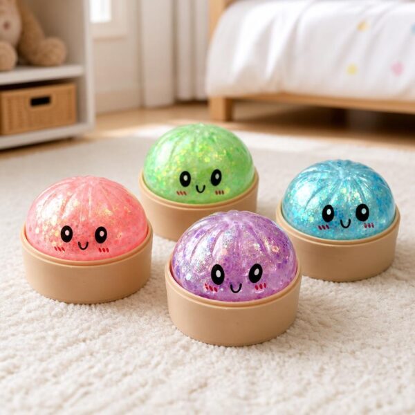 Un lot de 4 squishy garçon anti-stress lot de 4 boulettes vapeur souriantes, en rose, vert, bleu et violet, posé sur un tapis dans une chambre.