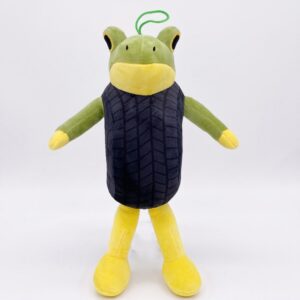 Une peluche Italian Brainrot L'Alien Zaza représentant un extraterrestre vert et jaune, avec de longues jambes, des bras écartés et un corps noir, sur fond blanc.